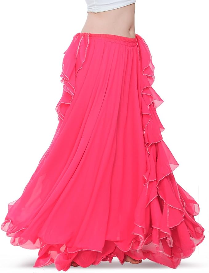 Exotic Hot Pink Chiffon Ruffled Boho Bellydance Maxi Skirt