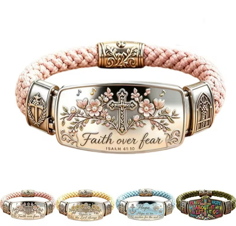 Beautiful Christian Scripture Pink & Silver braided Bracelet