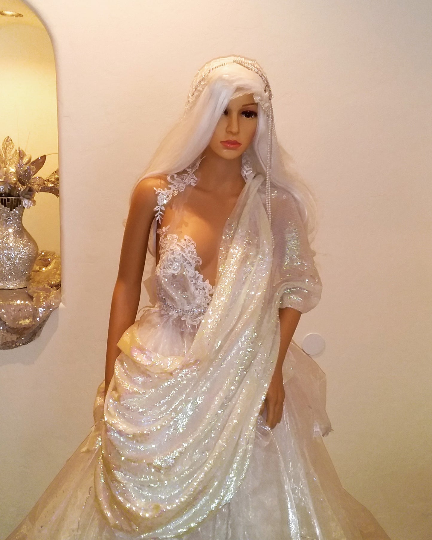 Exotic "ANIKA" White Lace & Tulle Sequin Lehenga Saree Wedding Ballgown Set