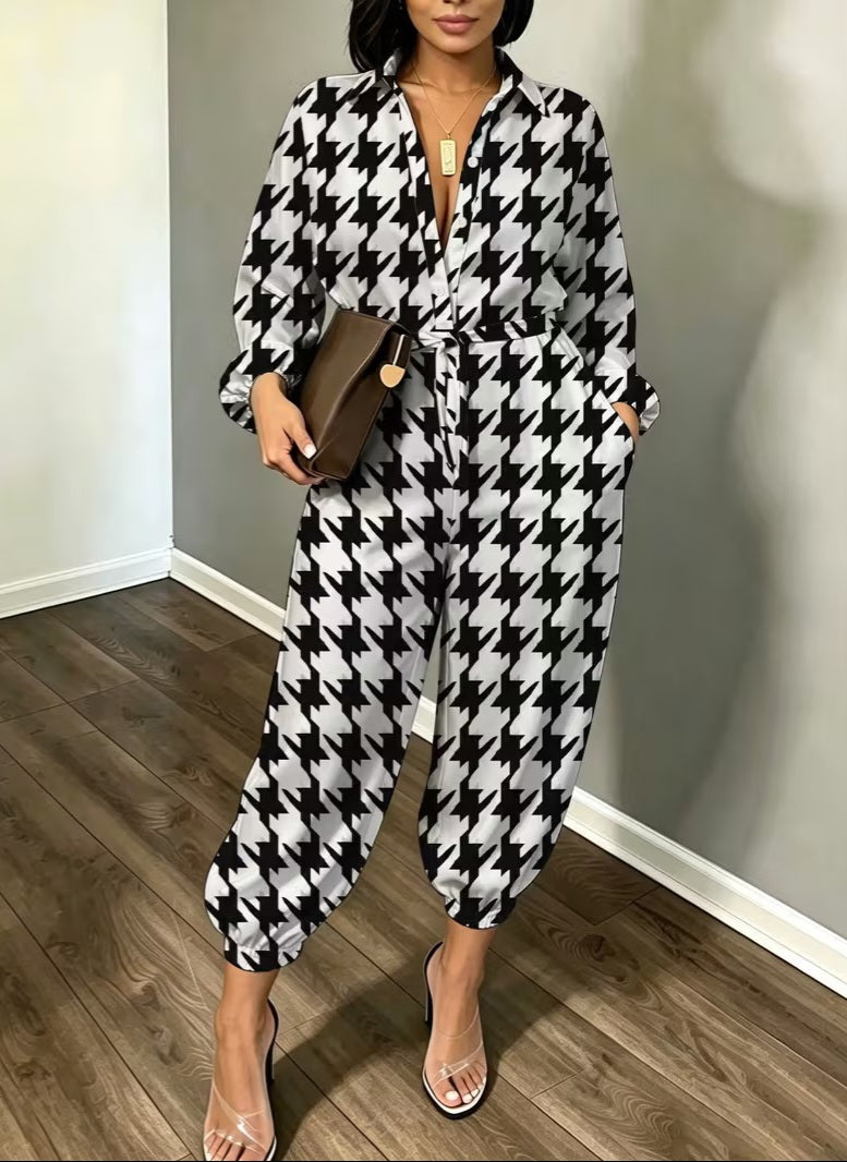 Chic Black & White Houndstooth Check Print Jogger Jumpsuit