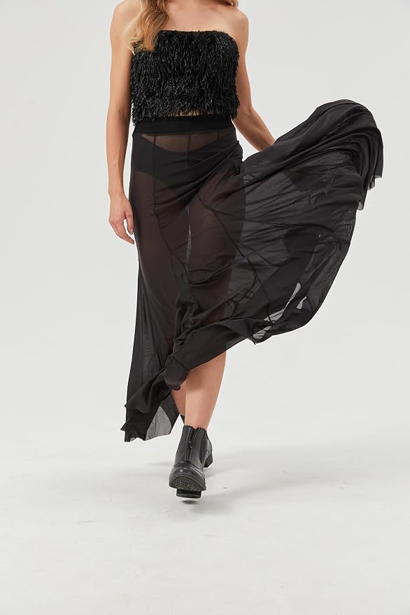 Chic Black Sheer Powermesh Maxi Skirt