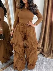 Luxe Walnut Brown Ruffled Boho Flowy Wide Leg Pants