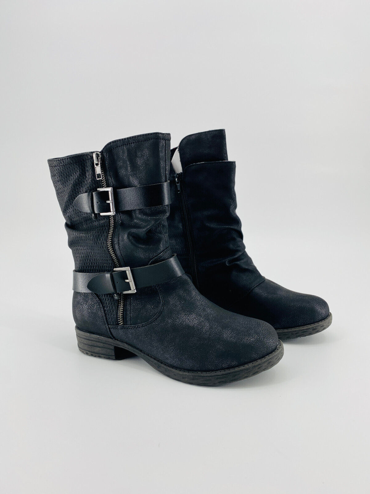 Edgy Gothic Buckle Detail Black Moto Boots