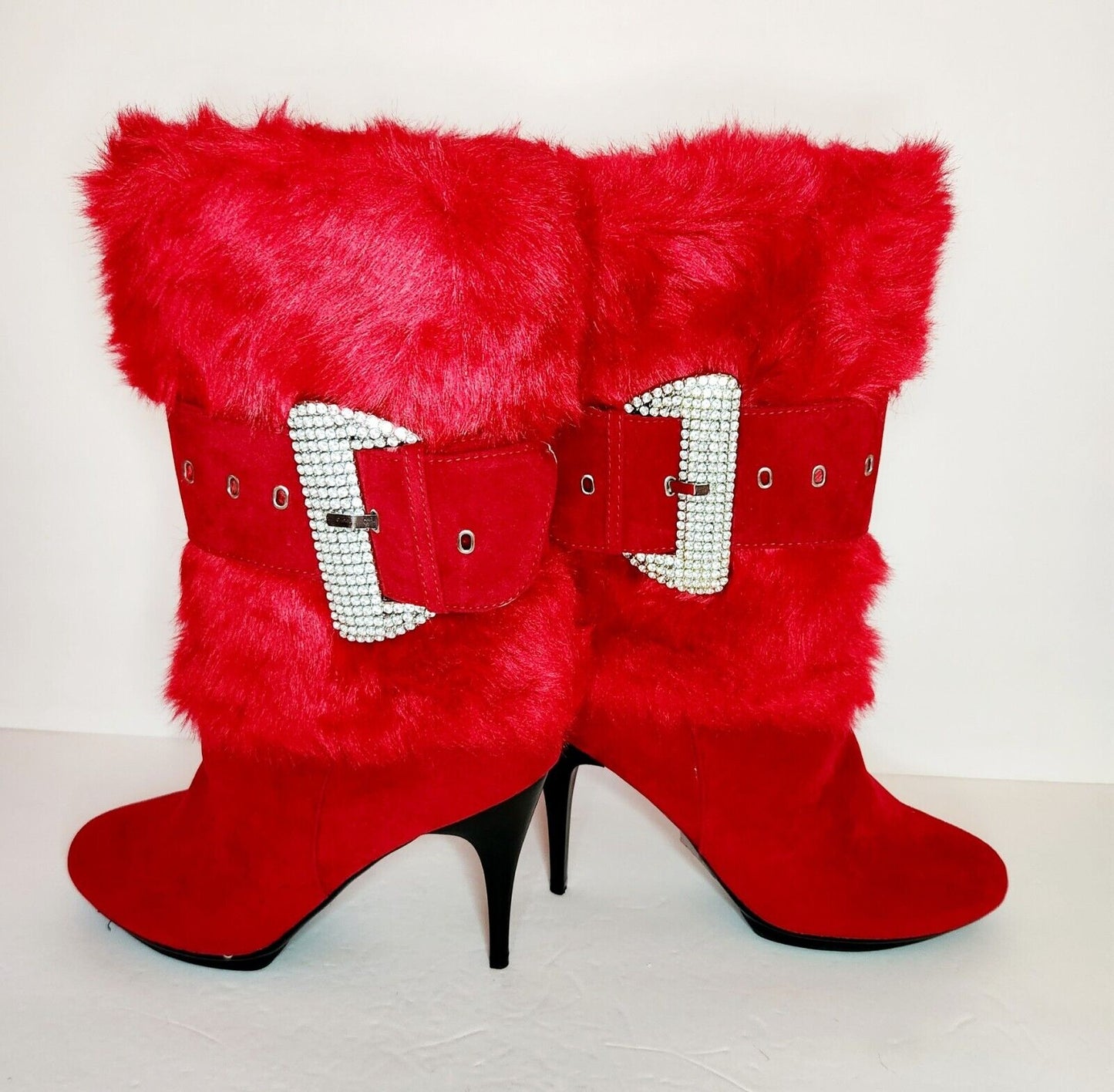 Red Faux Fur Trim Crystal Buckle Boots