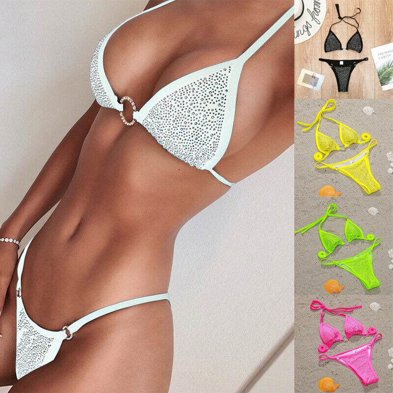 Sexy White Rhinestone String Bikini