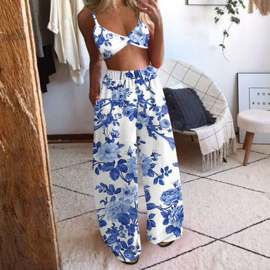 Sexy Porcelain Print Blue & White Bandeau Top & Pants Set