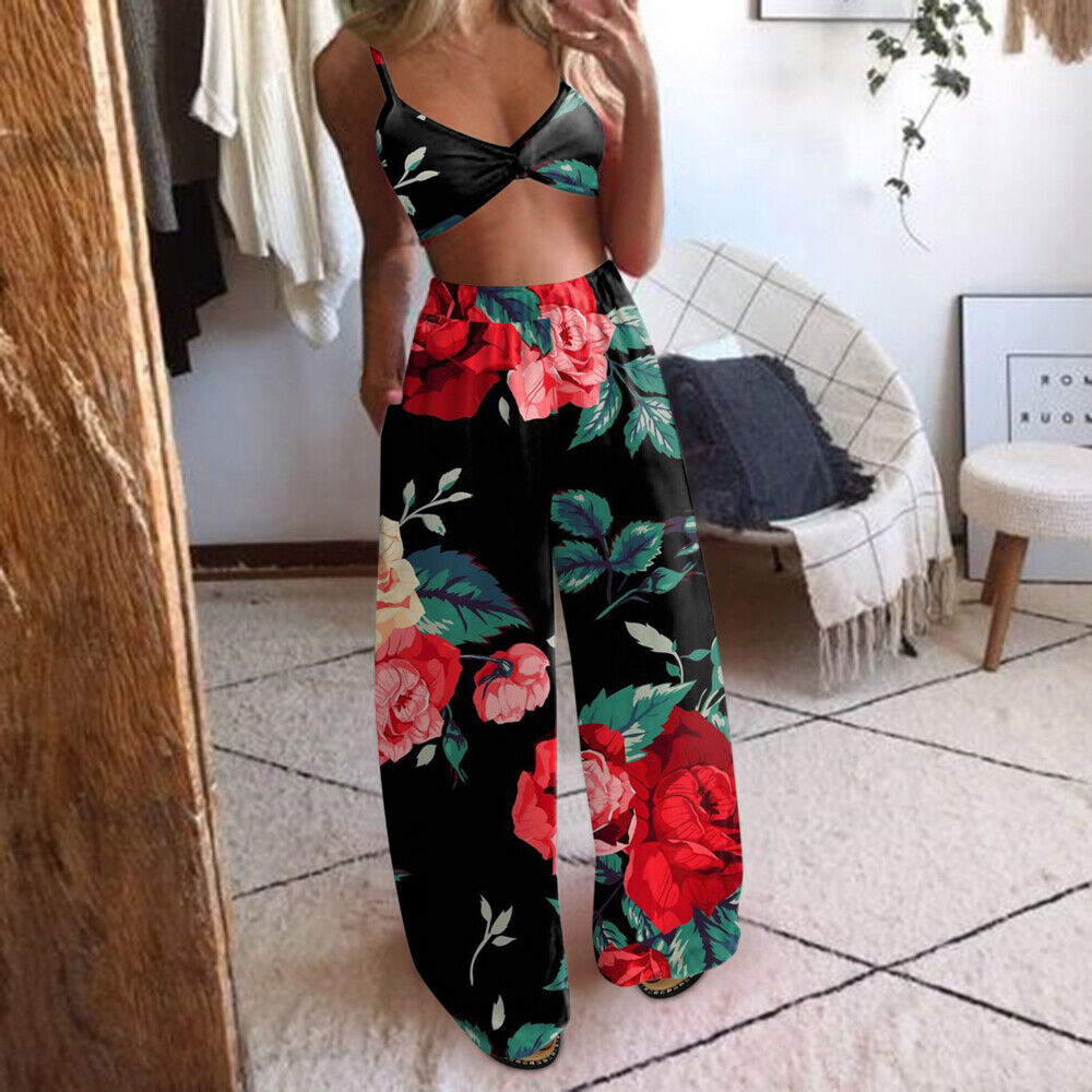 Sexy Boho Black & Red 2 Piece Floral Top & Pant Set