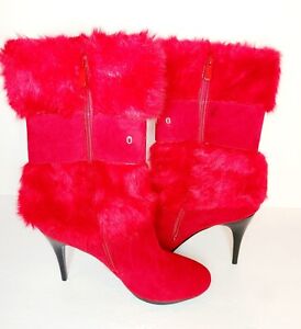 Red Faux Fur Trim Crystal Buckle Boots