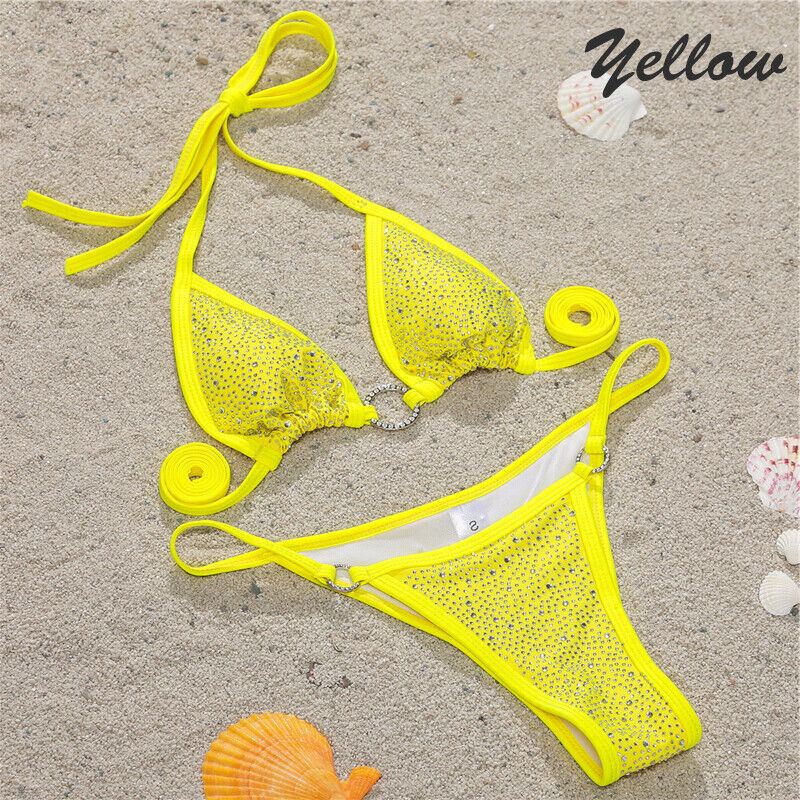 Sexy Yellow Rhinestone String Bikini