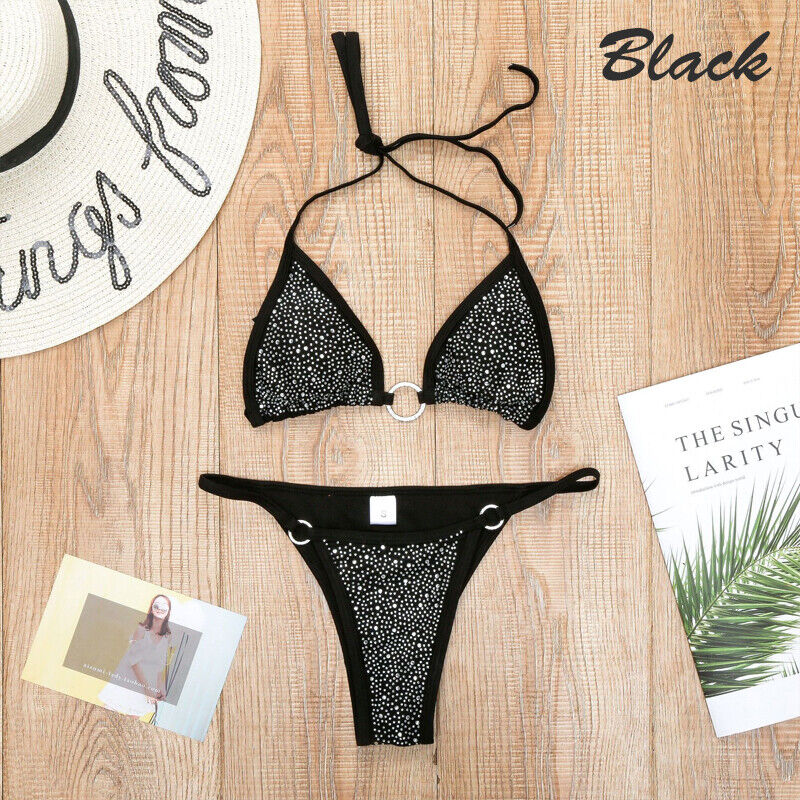 Sexy Black Rhinestone String Bikini