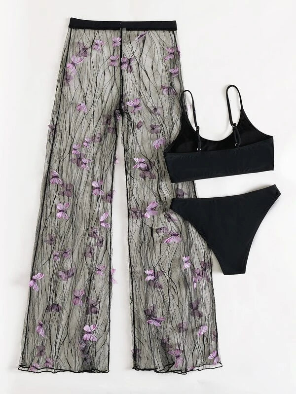 Sexy Black & Purple Butterfly 3pc Bikini & Coverup Pant Set