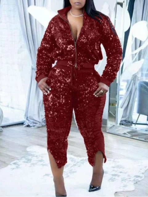 Sexy Red Sequin Jogger Set