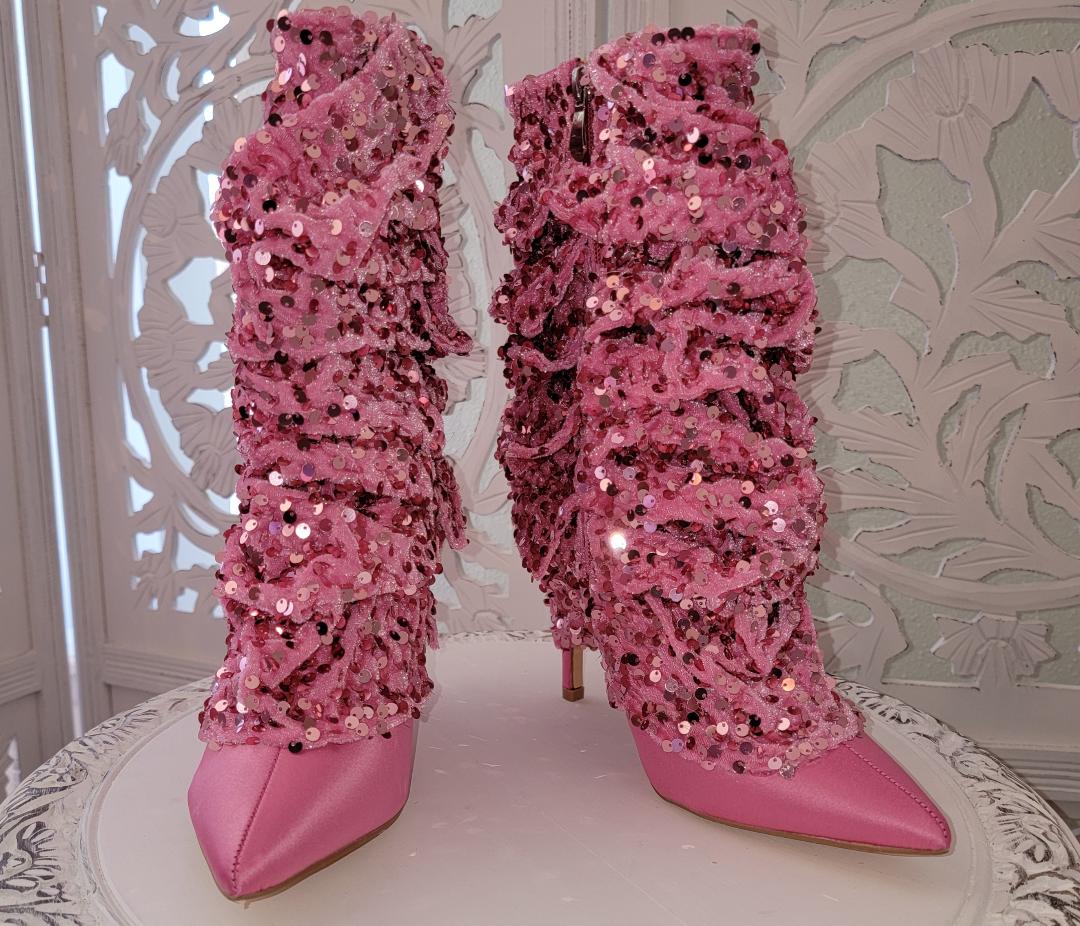 "THEA" Bubblegum Pink Satin Sequin Velvet Ankle Boots