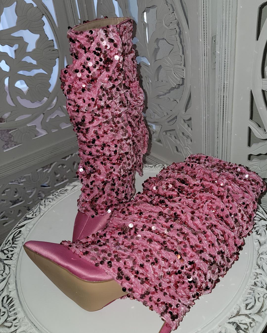 "THEA" Bubblegum Pink Satin Sequin Velvet Ankle Boots