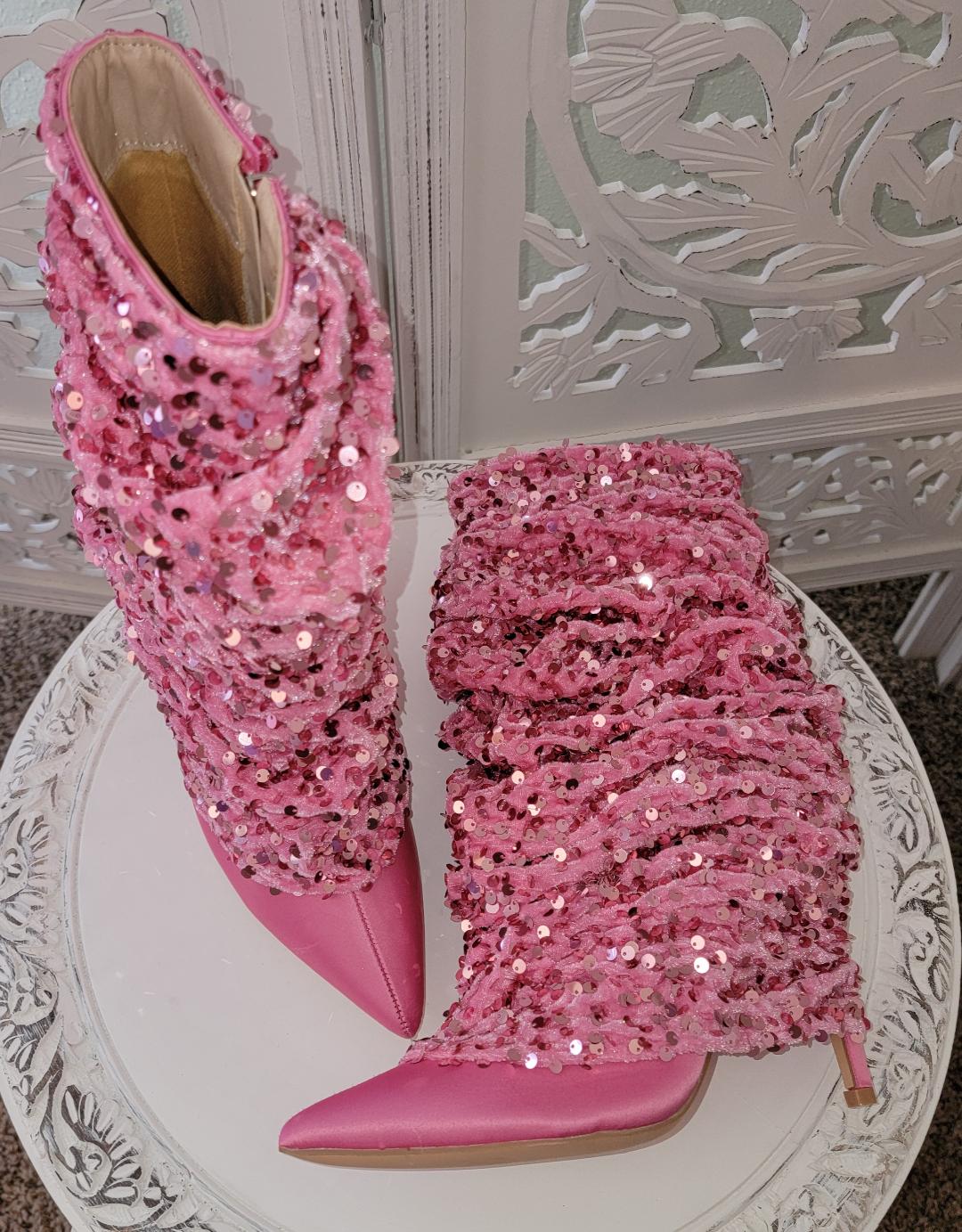 "THEA" Bubblegum Pink Satin Sequin Velvet Ankle Boots