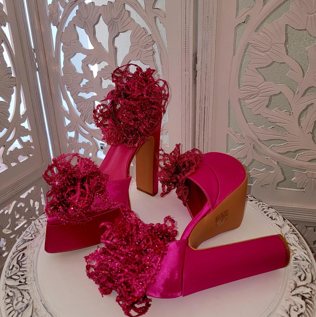 "FLORA" Fuchsia Pink Platform Ankle Strap Sequin Lace Heels