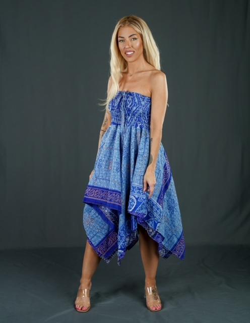 Boho Festival Silk Blue Strapless Dress Convertible to Skirt