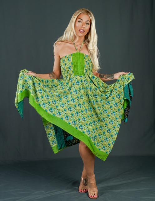 Boho Festival Silk Strapless Shades of Green Dress Convertible to Skirt