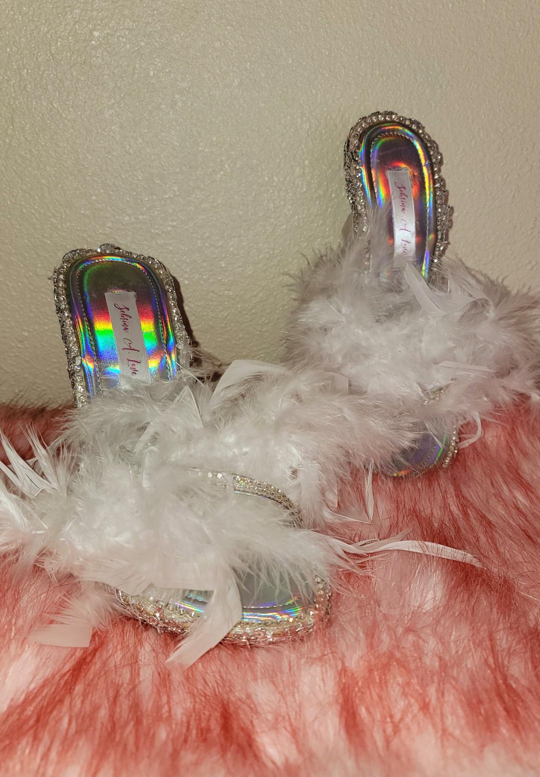 "TAWNY MARIE" Silver & White Feather Mules