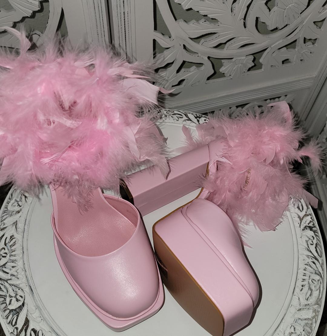 "TINA" Pink Platform Ankle Strap Feather Heels