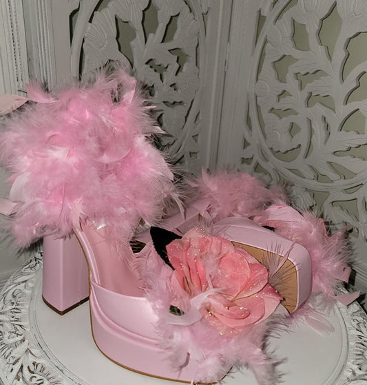 "GiGi" Pink Platform Ankle Strap Rose Feather Heels