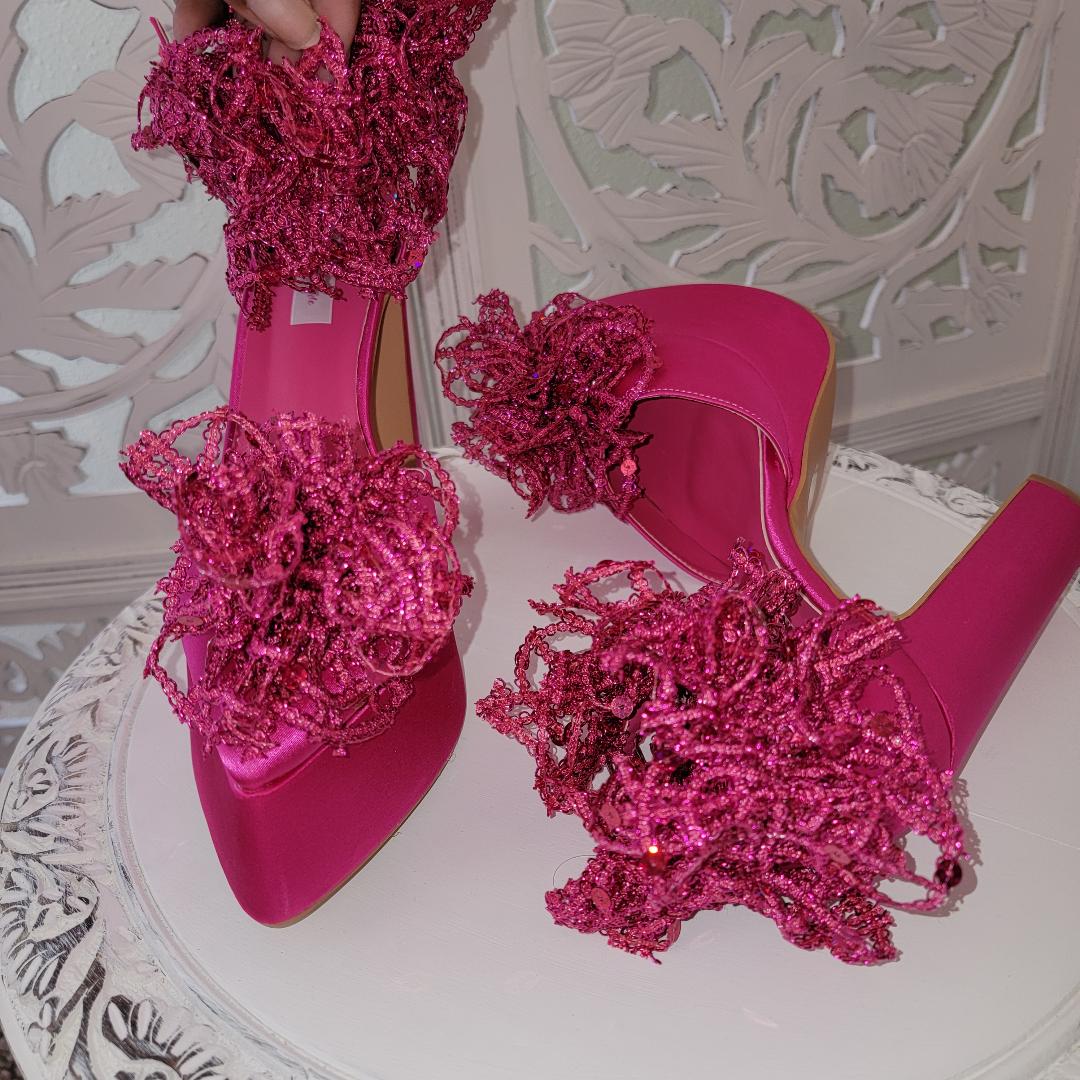 "FLORA" Fuchsia Pink Platform Ankle Strap Sequin Lace Heels