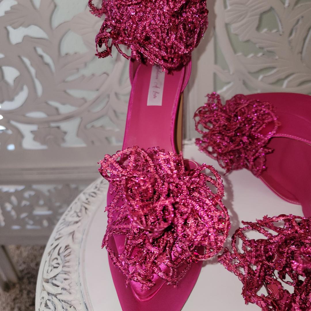 "FLORA" Fuchsia Pink Platform Ankle Strap Sequin Lace Heels