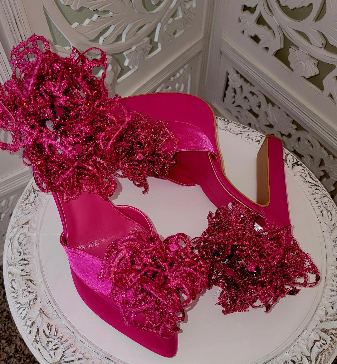 "FLORA" Fuchsia Pink Platform Ankle Strap Sequin Lace Heels