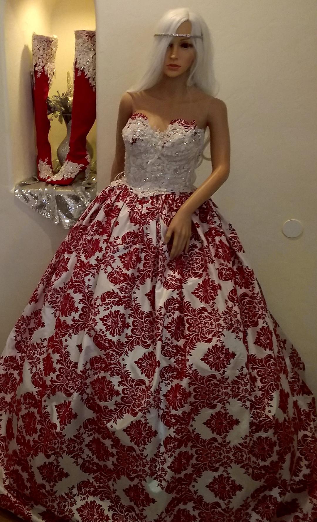 "FRANCES" Red & White Damask Lace Wedding Ballgown Set