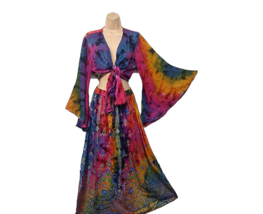 Bohemian 2 Piece Rainbow Tie Dye Crop Top & Maxi Skirt Set